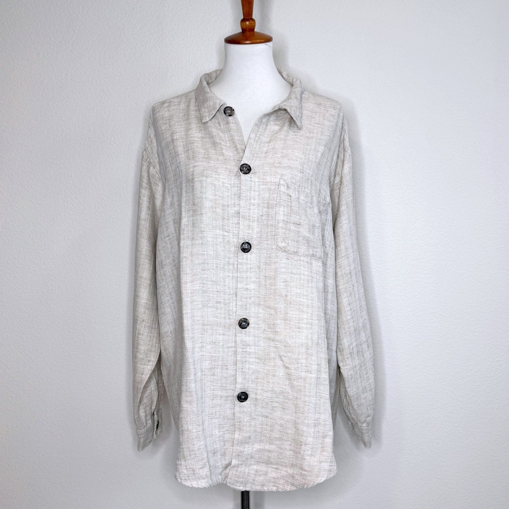 CP SHADES Oversized Button Front Shirt Shacket Flax Blend LG Oatmeal